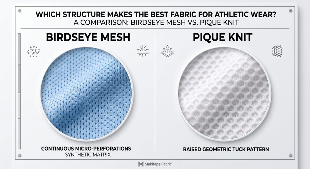 A side-by-side photorealistic comparison infographic of two fabric structures. The left panel shows light blue birdseye mesh with dense continuous micro-perforations. The right panel shows white pique knit with a distinct raised geometric honeycomb tuck pattern. Text clearly labels each fabric and its key visual structure as defined in the provided description. No tech or glowing effects.