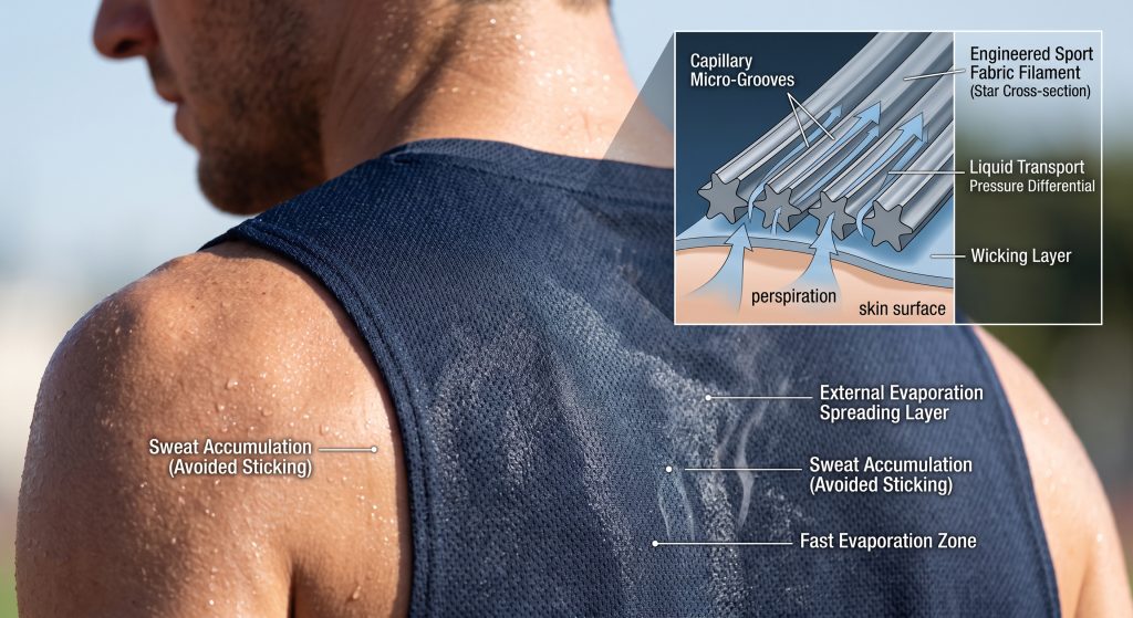 A macro photograph of technical athletic apparel on a sweaty runner's shoulder, featuring a microscopic diagram inset illustrating how specialized star-shaped fiber cross-sections create capillary micro-grooves to pull perspiration away from the skin for rapid evaporation on the external textile face.