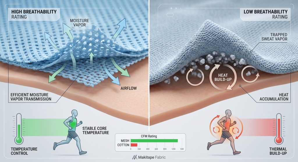 A scientific split panel comparison infographic demonstrating how high breathability fabric allows moisture vapor transmission and temperature control for athletes, while non-breathable fabric traps sweat leading to thermal build-up. It visualizes sweat escaping versus trapped heat. Includes a small CFM rating comparison chart.