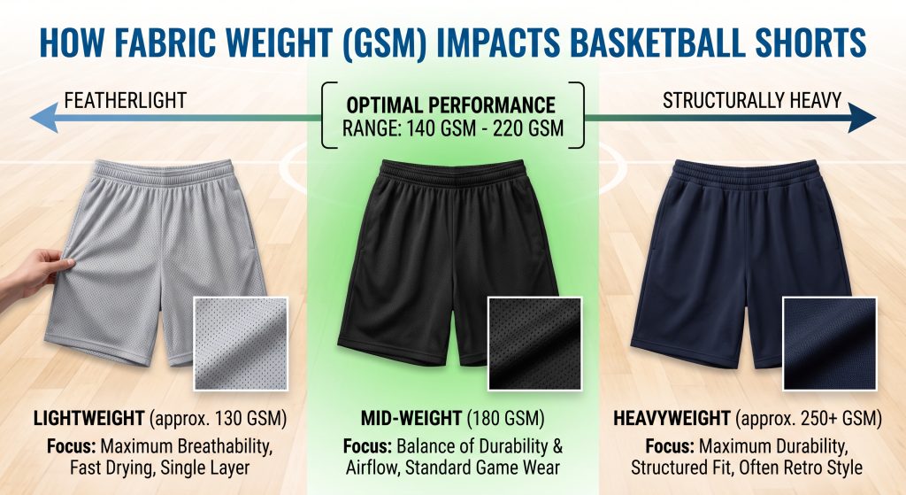 An infographic comparing how fabric weight (GSM) impacts basketball shorts performance, showing a spectrum from featherlight to structurally heavy, highlighting the optimal 140-220 GSM range.