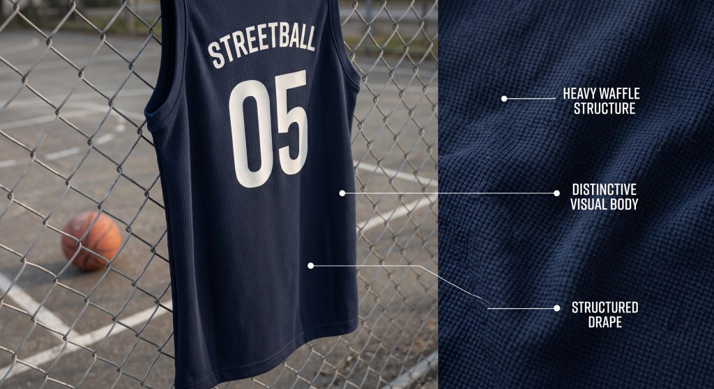 A close-up view of a rugged, dark blue basketball jersey made from heavy Pique knit fabric, highlighting its distinctive raised waffle texture and structured appearance suitable for street basketball.