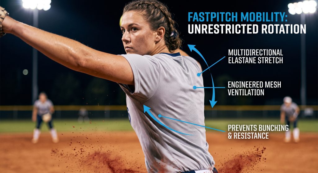 Close-up photograph of a female fastpitch softball pitcher in a full windmill motion, illustrating how technical elastane-blend softball fabric provides unrestricted shoulder rotation and multidirectional stretch across her back.