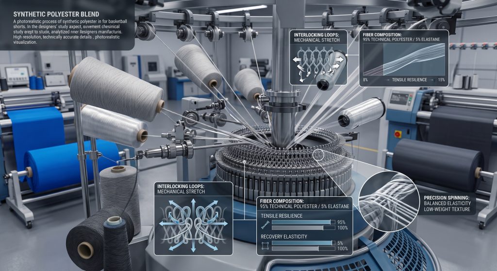 A photorealistic technical visualization within a modern textile mill showing a circular knitting machine dynamically combining textured filament yarn and elastane fibers into an interlocking 'interlock' knit structure for basketball shorts, magnified with callouts on 'mechanical stretch' and 'balanced elasticity.'
