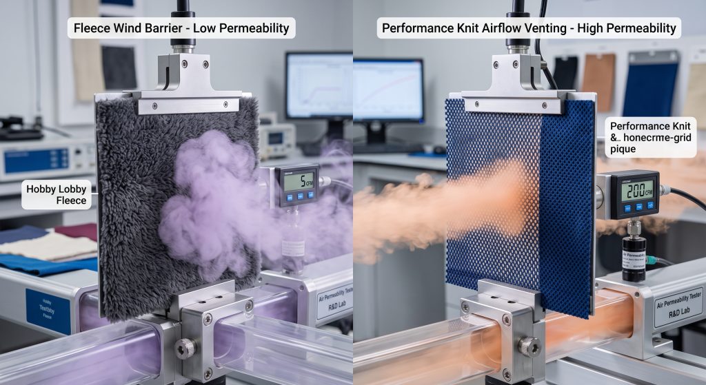 A photorealistic laboratory macro photograph comparing airflow specifications between dense Hobby Lobby Fleece (left) and open Pique Knit Performance Fabric (right). Smoke visually demonstrates high and low wind permeability, validating technical specs with digital gauge readings of low CFM vs. high CFM.