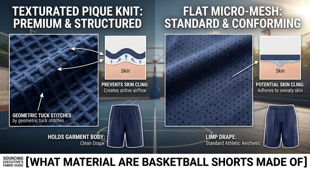 An infographic comparison panel showing the three-dimensional waffle texture and raised geometric knit of structured pique knit fabric versus standard flat micro-mesh for basketball shorts, illustrating benefits like prevented skin clinging, clean drape, and elevated aesthetic appeal for premium lifestyle and streetwear athletic apparel.