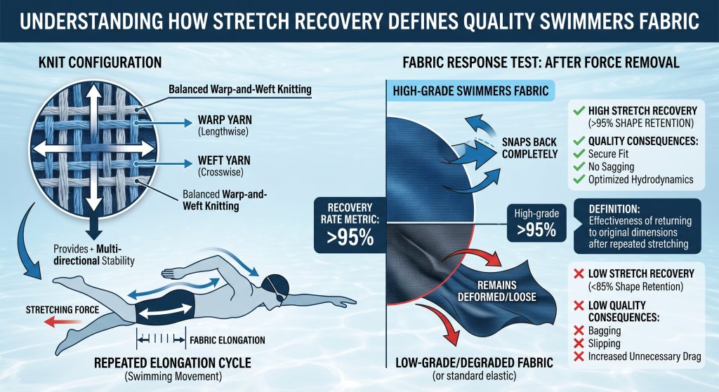 An infographic diagram defining how stretch recovery defines quality in swimmers fabric. It illustrates how a quality balanced warp-and-weft knit snaps back over 95 percent to its original shape after repeated elongation during swimming movement, preventing bagging and unnecessary drag, compared to low-quality material that remains loose and deformed.
