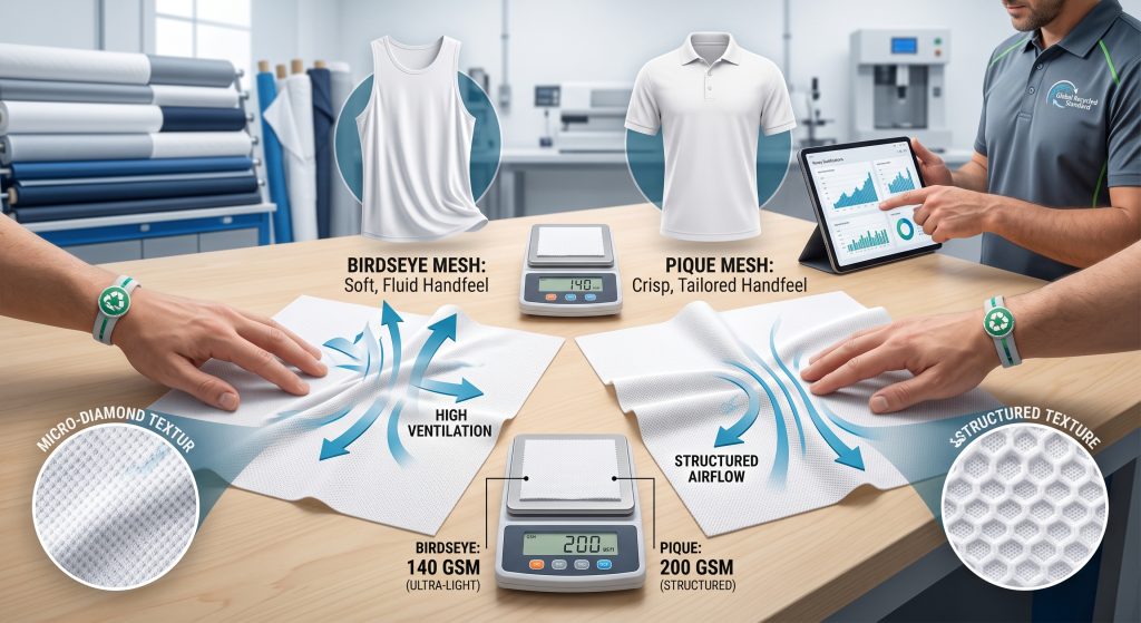 A professional B2B infographic visual on an apparel developer’s workbench, comparing Birdseye mesh and Pique knit from a GRS jersey fabric dealer based on handfeel softness, ventilation capacity, and surface weight, illustrated with tactile samples and data overlays.