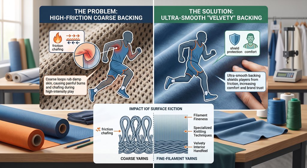 A comparative infographic illustration showing the impact of surface friction on basketball jersey fabric. It highlights coarse backings causing chafing versus smooth, fine-filament backings providing comfort and shield protection, using macro views of fabric textures and diagram overlays set in a textile innovation lab. Below, a technical diagram compares micro-denier fine filaments to coarse yarns.