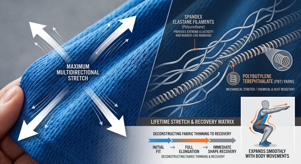 A detailed infographic deconstructing a dynamic performance knit fabric to illustrate which yarns provide maximum stretch. It visually separates Spandex Elastane filaments (labeled for multidirectional elasticity and rebound) and Polybutylene Terephthalate (PBT) yarns (labeled for mechanical stretch and chemical resistance), showing their integration for full shape recovery during dynamic body movements like squats.