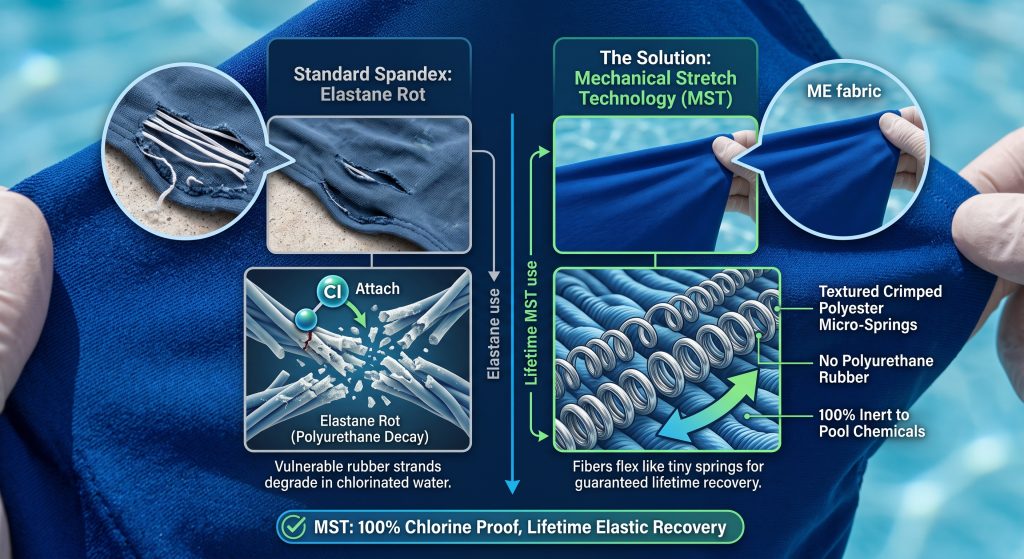 A detailed infographic comparison showing how **chlorine proof fabric** with Mechanical Elasticity Yarn (MST) uses textured crimped polyester micro-springs to eliminate **elastane rot**, unlike standard spandex which degrades in pool water.