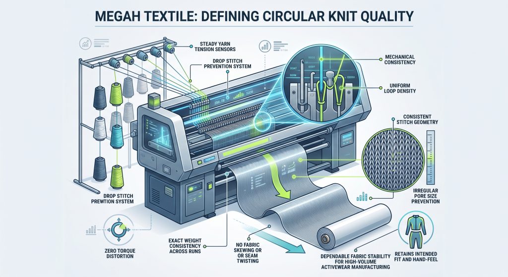 An infographic illustrating Megah Textile's definition of quality in circular knits, showing advanced circular knitting machines maintaining uniform loop density, steady yarn tension, and mechanical consistency. Arrows point to fabric checks for exact weight, zero torque distortion, and fabric stability, leading to activewear that retains its fit and hand-feel.