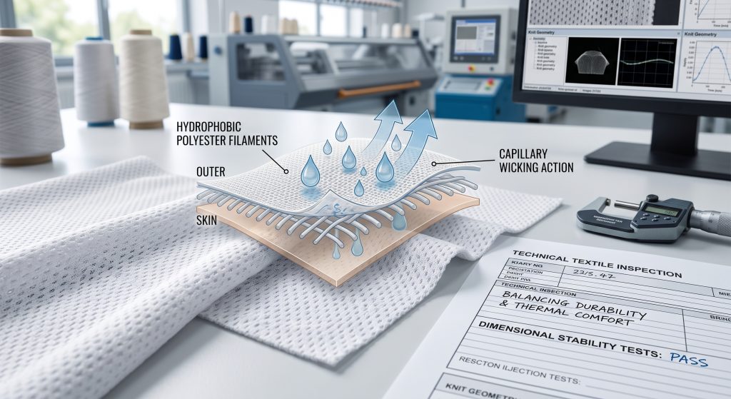 A high-tech macro photograph comparing modern synthetic basketball jersey fabric on a textile inspector's desk. Annotations show capillary wicking via micro-denier yarns within a specialized knit geometry, emphasizing hydrophobic polyester and poly-spandex blends for wicking and durability.
