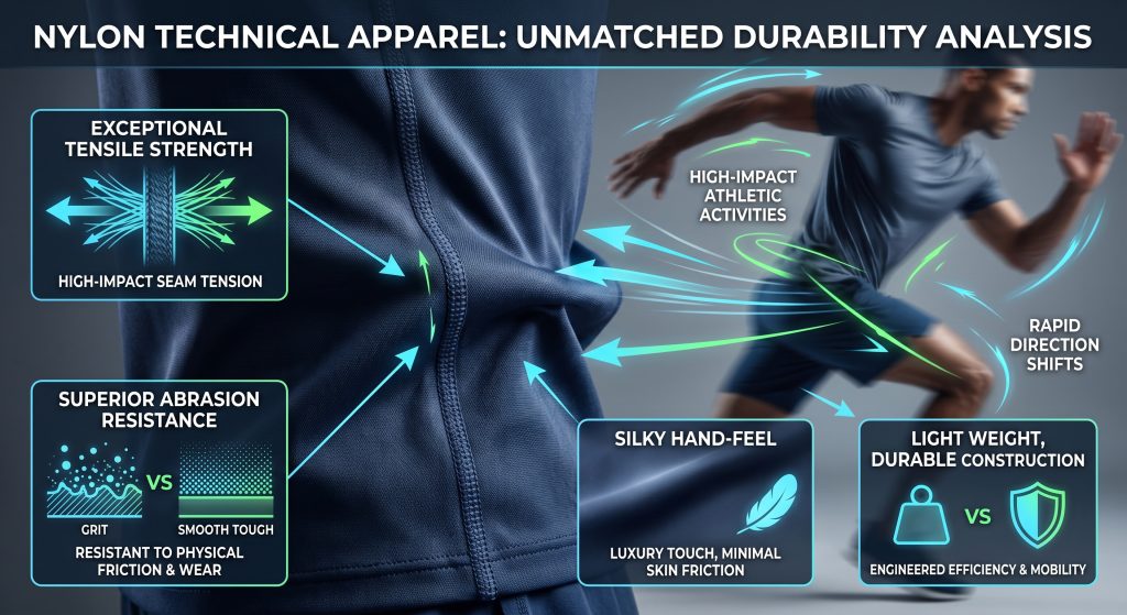 A dynamic technical infographic visualizing nylon activewear durability. A macro close-up of a garment seam under extreme tension shows glowing vector overlays illustrating "Exceptional Tensile Strength" with force arrows, "Superior Abrasion Resistance" with microscopic friction diagram, "Silky Hand-feel" with texture focus and feather icon, and "Lightweight, Durable Construction" with weight versus shield graphic. An abstract athlete lunges in the blurred background, representing rapid direction shifts and high-impact physical stress. Engineered, professional aesthetic for B2B fabric procurement.
