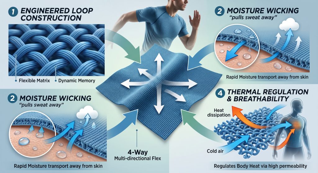 A futuristic activewear infographic deconstructing performance knit fabric. It shows dynamic 4-way stretch with immediate shape recovery, multi-layer moisture wicking from skin to outer layer, and thermal regulation through ventilation channels and mechanical cooling, set against an athlete in motion.