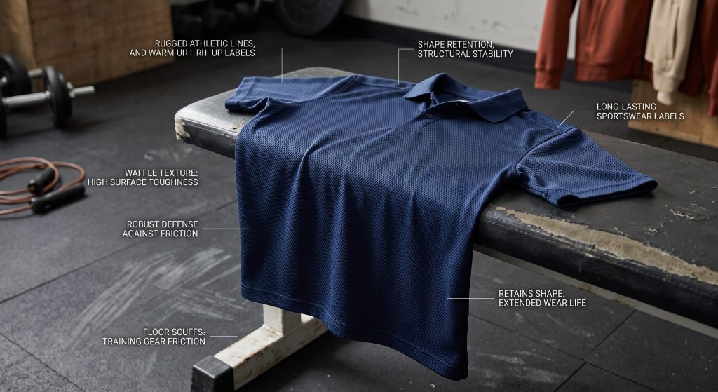 A detailed technical photography close-up focusing on a navy blue Pique double-knit athletic polo shirt, visualizing its unique waffle texture. Integrated graphical callouts indicate how the fabric provides 'High Surface Toughness,' 'Robust Defense against Friction' from floor scuffs and gear, and exceptional 'Shape Retention.' It is shown in a rugged gymnasium setting, emphasizing its suitability for durable sportswear like polo shirts, shorts, and warm-up wear, delivering high structural stability for rugged athletic lines.