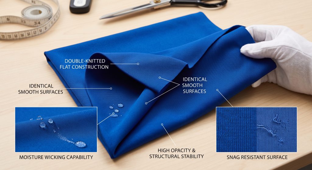A close-up photograph of a folded royal blue polyester interlock fabric swatch, showing identical smooth surfaces on both sides, demonstrating double-knit construction for basketball jerseys.
