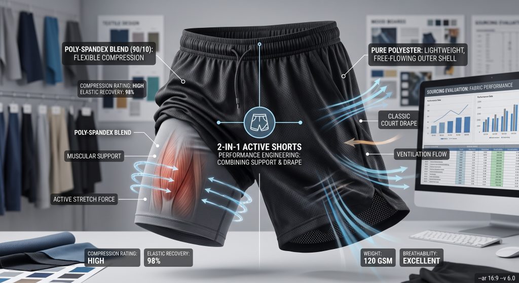 Infographic visualizing a detailed close-up of 2-in-1 athletic shorts, comparing the performance of Poly-Spandex Blends and Pure Polyester. The tight, gray inner liner is labeled 'POLY-SPANDEX BLEND: FLEXIBLE COMPRESSION & MUSCULAR SUPPORT,' with compression visuals. The loose, black outer shell is labeled 'PURE POLYESTER: LIGHTWEIGHT, FREE-FLOWING OUTER SHELL & COURT DRAPE,' with airflow visuals. The central infographic emphasizes 'Active Fabric Sport Engineering.' Design studio background.