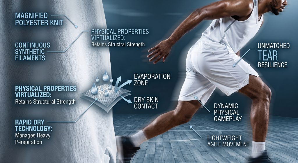 A photorealistic B2B infographic visualizing why modern basketball shorts material fabric is made of polyester, showing magnified synthetic filaments managing perspiration and unmatched tear resilience during physical gameplay.