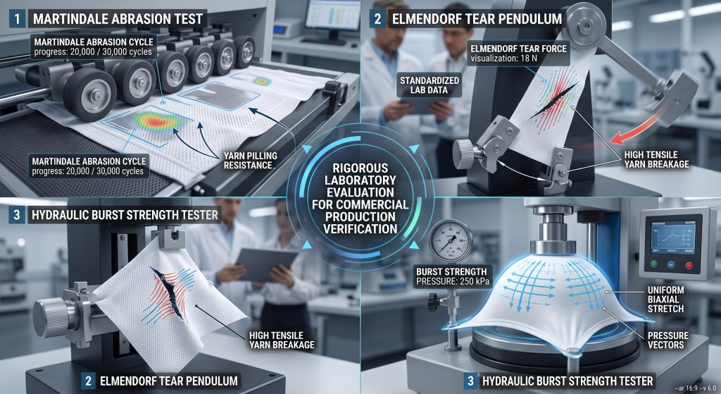 A sophisticated photorealistic laboratory visualization inside a modern textile lab showing how white polyester basketball shorts material fabric specimens are rigorously tested for strength. The composite image visualizes three tests simultaneously: Martindale abrasion cycles (cyclic rubbing), Elmendorf tear pendulum (tearing force), and hydraulic burst strength pressure (dome expanding). Digital data overlays virtualize the forces and cycles. In the background, apparel sourcing managers are shown verifying the resulting standardized lab data to ensure commercial production lots withstand competitive physical contact.