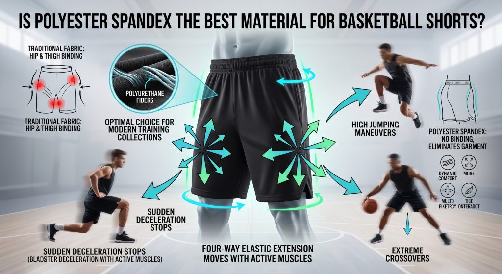 A technical activewear infographic illustrating why polyester spandex blends are the best material for basketball shorts. It features modern black shorts with glowing vector graphics showing 4-way stretch. Blur-motion snapshots of athletes performing crossovers, lunge stops, and jumps connect to total freedom of movement. Detailed diagrams compare traditional garment binding at the hip and thigh with the non-binding comfort of spandex, highlighting elastic polyurethane fiber integration for modern athletes.