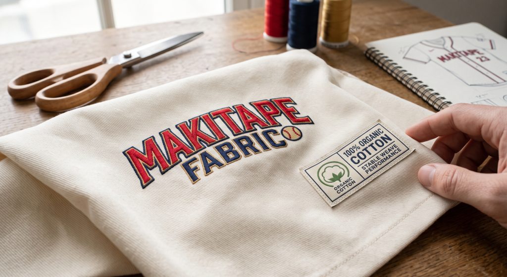 Detailed close-up of premium baseball cotton twill fabric with a robust weave, featuring a crisp, densely embroidered 'Makitape Fabric' team logo and a sewn-on woven patch on a design workbench, demonstrating its durability, stability, and softness.