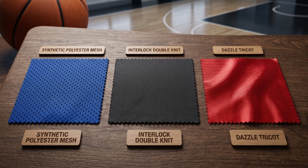 Realistic close-up photograph of three primary types of basketball jersey fabric swatches: synthetic polyester mesh, interlock double knit, and dazzle tricot, labeled on a tactile wooden display with distinct textures highlighted by studio lighting for high-performance sportswear manufacturing context.