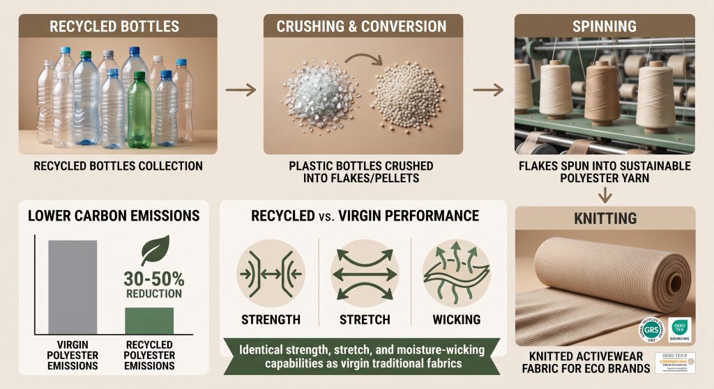 A photorealistic infographic illustrating the transformation of post-consumer plastic bottles into high-performance knitted activewear for eco brands. Arrows show recycled bottles crushed into flakes, spun into yarn, and knitted into fabric. Two comparison sections highlight: one compares 'VIRGIN POLYESTER EMISSIONS' to a significantly smaller bar for 'RECYCLED POLYESTER EMISSIONS' with a leaf icon and '30-50% REDUCTION'; another section, titled 'RECYCLED vs. VIRGIN PERFORMANCE', includes identical icons and equivalents for 'STRENGTH: Identical Tenacity', 'STRETCH: Four-Way Elasticity', and 'WICKING: Moisture-Wicking Capabilities'. Text states: 'Identical strength, stretch, and moisture-wicking capabilities as virgin traditional fabrics'. Small B2B sourcing certification labels like GRS and OEKO-TEX are visible.