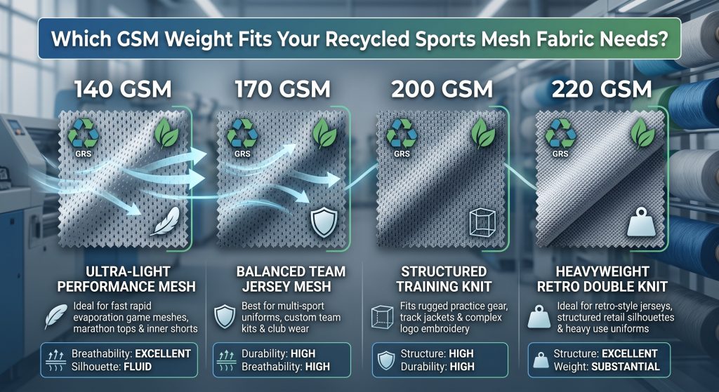 A clean B2B infographic visual comparing four distinct swatches of circular knit recycled sports mesh fabric, arranged in increasing densities from 140 GSM to 220 GSM. It illustrates how different weights suit various athletic needs, from ultra-light Performance Mesh (140 GSM) with dynamic airflow arrows for rapid evaporation and 'Excellent Breathability', to mid-weight Team Jersey Mesh (170 GSM) with shield icons for durability, and finally heavyweight Retro Double Knit (220 GSM) with substantial weight symbols for 'Structured Silhouette' and 'Durable classic uniforms'. A header asks, 'Which GSM Weight Fits Your Recycled Sports Mesh Fabric Needs?'. data visualizations show airflow and fabric structure. recycled symbols are integrated into each swatch.