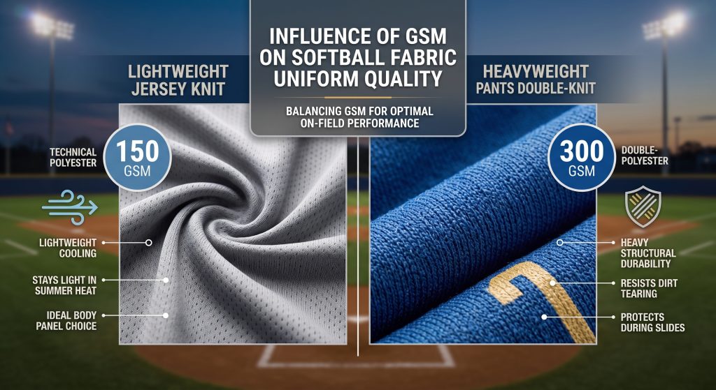 A detailed photographic comparison illustrating how high-performance softball fabric weight (150 GSM vs 300 GSM) influences uniform quality, cooling, and durability on a blurred field background.