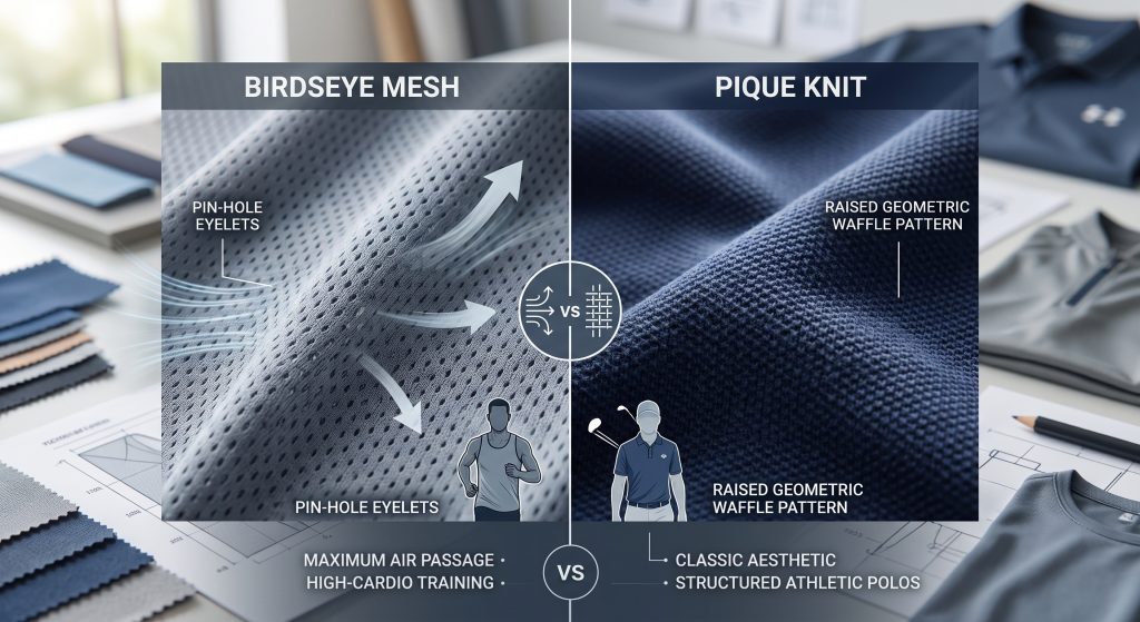Macro photograph and technical visualization comparing sports material fabrics: Birdseye Mesh displaying tiny pinhole eyelets for airflow vs Pique knit showing a distinct raised geometric waffle pattern for structured polos.