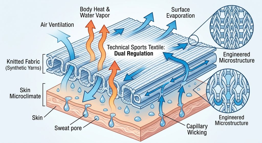 A scientific diagram illustrating how technical sports textiles manage heat and moisture. It shows a cutaway view with layers of skin, a microclimate area, and a knitted fabric cross-section. Arrows show blue liquid sweat wicking outward along synthetic yarns to evaporate, while other orange and light blue arrows illustrate body heat and water vapor escaping and ambient air entering through open-stitch ventilation gaps. Labels detail microclimate, ventilation, and evaporation.