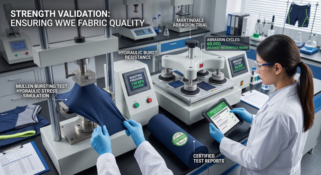 A high-angle photograph inside a modern textile laboratory, showing a technician monitoring dynamic Mullen bursting tests (hydraulic stress) and Martindale abrasion trials (friction cycles) on a navy blue high-stretch performance knit fabric sample, ensuring verifiable quality for professional wwe fabric and ring gear.