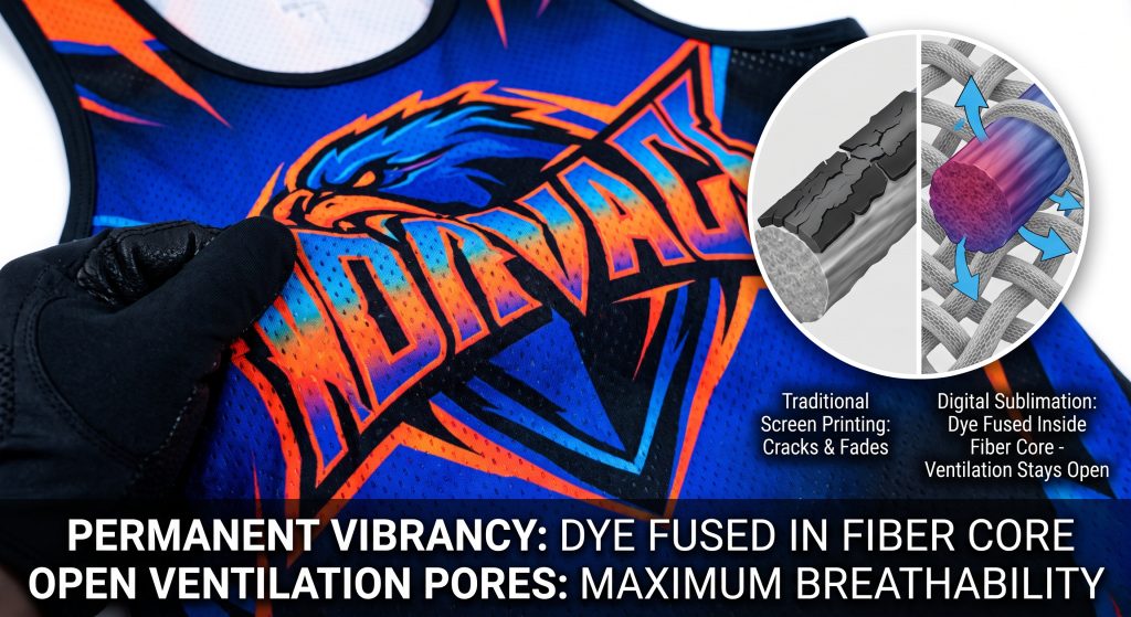 A close-up photograph of a vibrant sublimated wrestling singlet, showcasing a microscopic inset diagram comparing traditional screen print cracking on the surface versus sublimation dye fused permanently within the synthetic fiber core, leaving ventilation pores open for breathability and preventing peeling or fading.