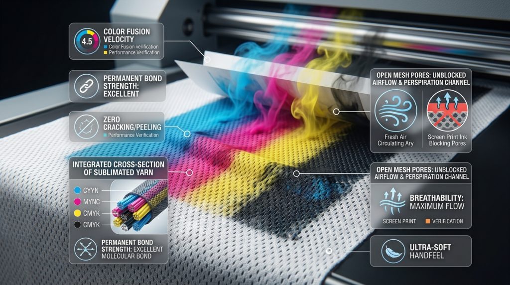 A technical visualization image illustrating the dye sublimation printing process on open Birdseye polyester sports mesh, showing vaporized inks fusing directly into the individual filaments without blocking pores.