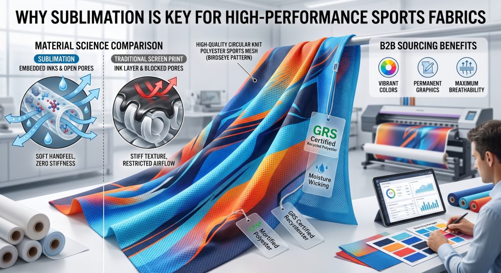 An infographic comparing dye sublimation printing and traditional screen printing on performance polyester sports mesh fabric. It visually demonstrates how sublimation embeds inks within the filaments, preserving open micro-pores for unrestricted breathability and moisture management, while screen printing creates a stiff, pore-blocking layer. The visual features vibrant graphics and performance data callouts.