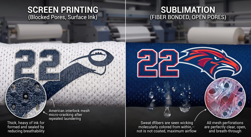 A detailed photorealistic macro comparison photo contrasting screen-printed football fabric (with blocked pores and cracking) versus sublimated fabric (with molecularly bonded fibers and open pores for maximum airflow and soft touch).