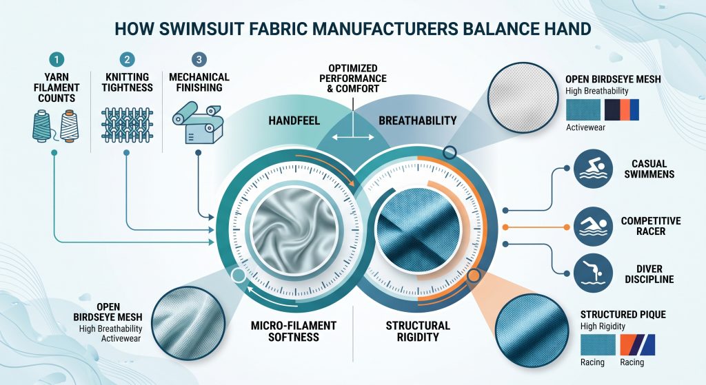 An infographic illustrating how swimsuit fabric manufacturers balance handfeel and breathability. It shows the processes: adjusting yarn filament counts, knitting tightness, and mechanical finishing. It contrasts micro-filament softness against structural rigidity and provides swatches of open birdseye mesh and structured pique as examples, linking them to customized performance for different sport disciplines.