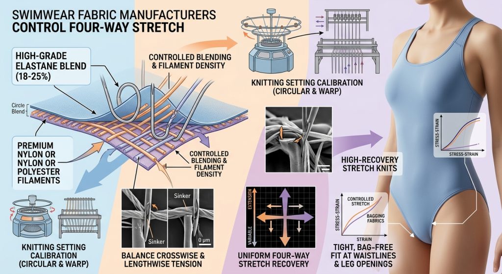 A technical illustration visualizing how swimwear fabric manufacturers control four-way stretch. The composite image shows technical steps including precise blending of high-grade elastane (18-25%) with nylon or polyester filaments, calibration of circular and warp knitting settings to balance crosswise and lengthwise tension, and microscopic views of needle interactions for uniform recovery. Graphical stress-strain curves highlight controlled stretch vs. bagging. A body form demonstrates how high-recovery stretch knits provide a tight, bag-free fit at waistlines and leg openings.