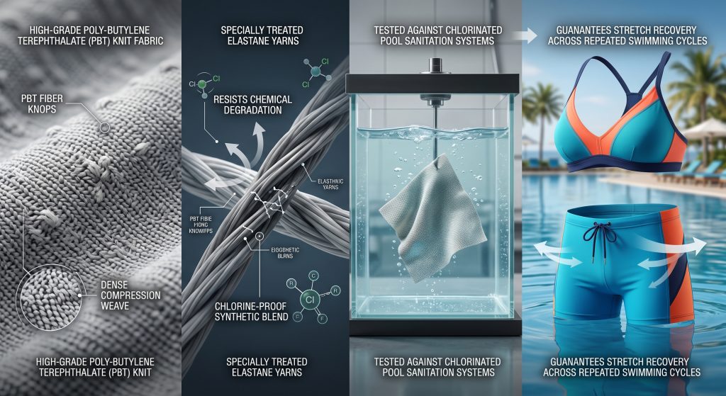 A technical, composite visualization illustrating how swimwear fabric manufacturers achieve high chlorine resistance using high-grade PBT and specially treated elastane yarns. The image features macro close-ups of PBT knits, advanced fiber protection graphics, laboratory testing in chlorinated water, and high-performance resort swimwear that retains stretch recovery across repeated swimming cycles, labeled with performance annotations.