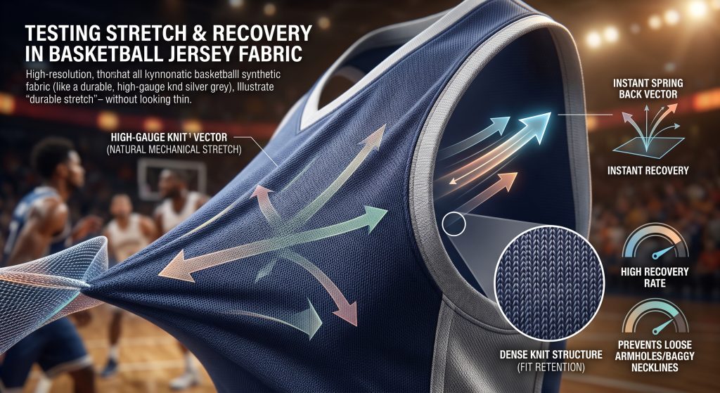 Detailed macro visualization showing modern synthetic basketball jersey fabric texture being pulled taut with multidimensional tension vectors. Subtle graphical overlays indicate multi-directional mechanical stretch vectors and rapid recovery vectors derived from durable, high-gauge knit construction. The image demonstrates how fine knit geometry provides unrestricted movement and fit retention at armholes and necklines during dynamic gameplay, rather than relying on heavy spandex content.