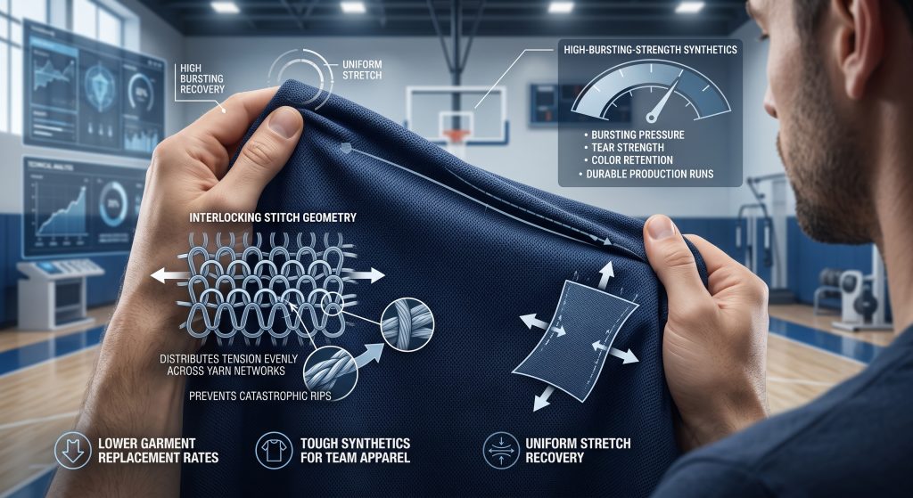 A detailed macro visualization illustrating how synthetic interlock and pique double-knit fabrics resist intense tearing in active basketball apparel. Overlays explain 'Interlocking Stitch Geometry' distributing force, 'High-Bursting-Strength Synthetics' with conceptual diagrams, and icons for standard durability tests like Bursting Pressure and Tear Strength. The background is a blurred basketball court with technical context.