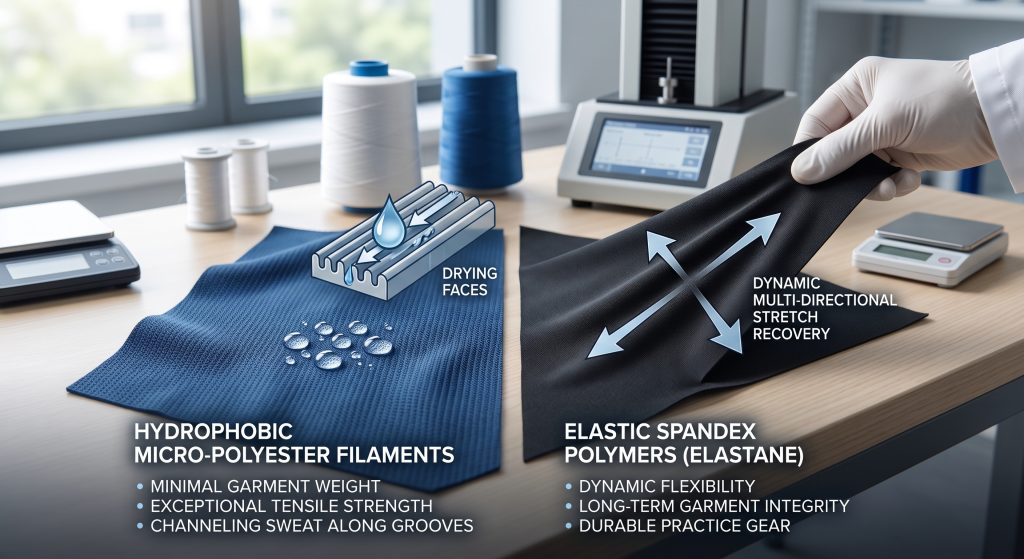 A professional macro photograph on a laboratory desk comparing a hydrophobic micro-polyester fabric on the left, displaying beading water and a sweat-channeling micro-groove diagram, with an elastic spandex-blend fabric on the right being stretched to demonstrate dynamic multi-directional stretch recovery. Labeling and diagrams explain technical performance benefits. Blurred thread spools and equipment are in the background.