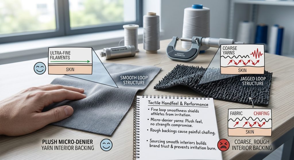 A photorealistic macro comparison on a light wooden table comparing two types of sportswear fabric interiors for a B2B audience. On the left, a smooth micro-denier yarn backing feels plush, alongside a comforting diagram showing low friction and preventing skin chafing. On the right, a coarse, rough interior backing causes discomfort, with an angry red diagram illustrating high friction and painful irritation. The spiral notebook from image_12.png is visible, summarizing the analysis on tactile handfeel shaping the sportswear fabric market. Sourcing tools are in the background under natural light.
