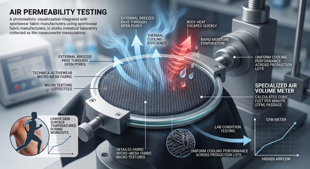 A detailed photorealistic visualization integrated with technical graphics and conceptual callouts, visualizing how certified sportswear fabric manufacturers test air permeability using specialized air volume meters. The image shows a sample of activewear mesh clamped in a technical testing apparatus, with annotations labeling Body Heat Escapes Quickly (red waves), External Breezes Pass Through Pores (blue vapor trails), Calculates Cubic Feet Per Minute (CFM) Passage, Lab Condition Testing, Uniform Cooling Performance, and Thermal Cooling Efficiency. An inset diagram on a silhouette runner links Higher Airflow directly to Lower Skin Surface Temperatures During Workouts. Studio laboratory setting.