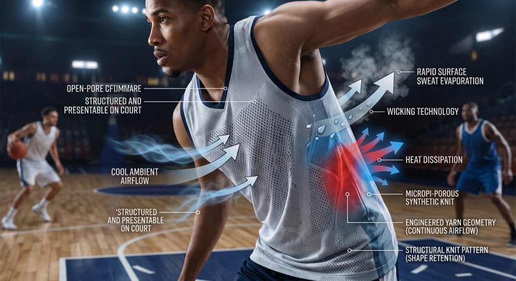 A detailed technical visualization illustrating how advanced sportswear fabric optimizes breathability, dissipates body heat, and channels sweat outward quickly. Arrows and conceptual callouts label processes like Open-Pore Knit Structure, Ambient Airflow, Wicking Technology, Heat Dissipation, and Rapid Surface Sweat Evaporation on a dynamic athlete.