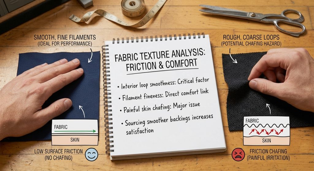 A photorealistic comparison of smooth and rough fabric samples for basketball shorts on a design work table, illustrating the impact of surface friction and interior loops on skin comfort and chafing during play, with a handwritten analysis notebook.