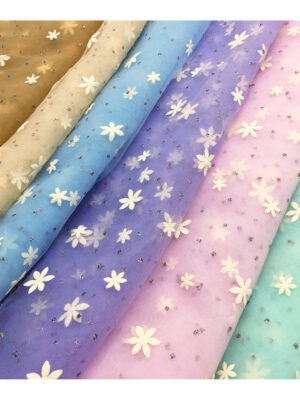 HG6377 100% Polyester Multicolor 3D Flower Tulle Roll Fabric With Glitter