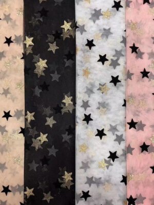 Hg6106 Polyester Tulle Glitter Gold Flocked Black Star Mesh Fabric