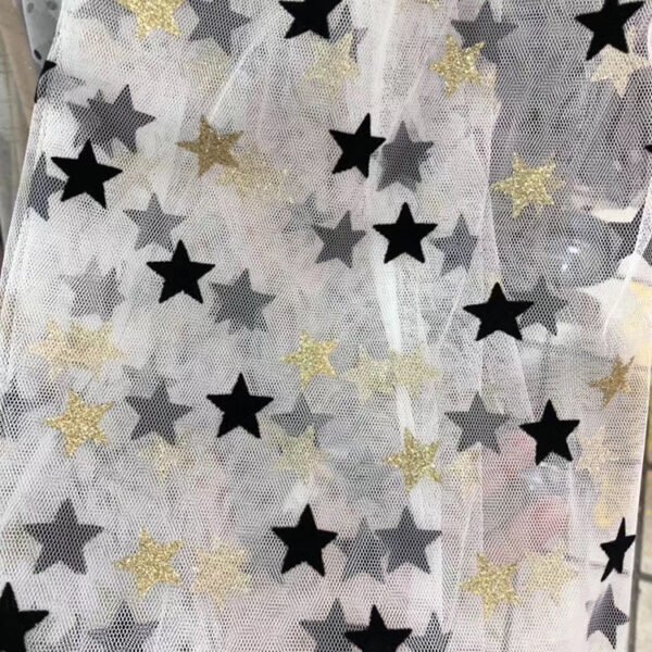 Hg6106 Polyester Tulle Glitter Gold Flocked Black Star Mesh Fabric