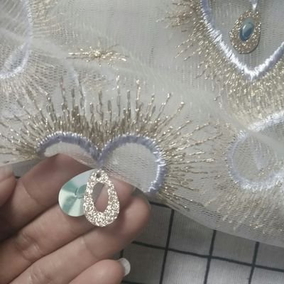 HG1122 Tulle Lace Fabric Heart Design Feather Sequins Embroidery
